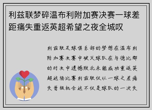 利兹联梦碎温布利附加赛决赛一球差距痛失重返英超希望之夜全城叹