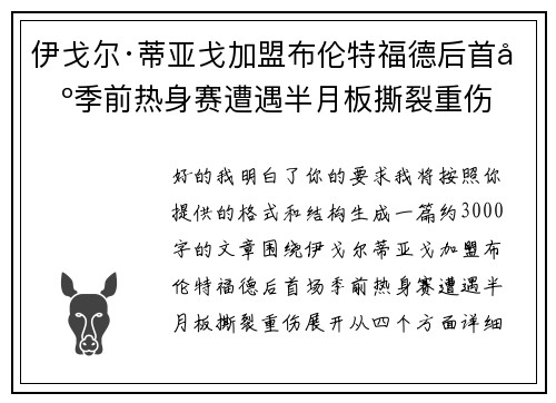 伊戈尔·蒂亚戈加盟布伦特福德后首场季前热身赛遭遇半月板撕裂重伤
